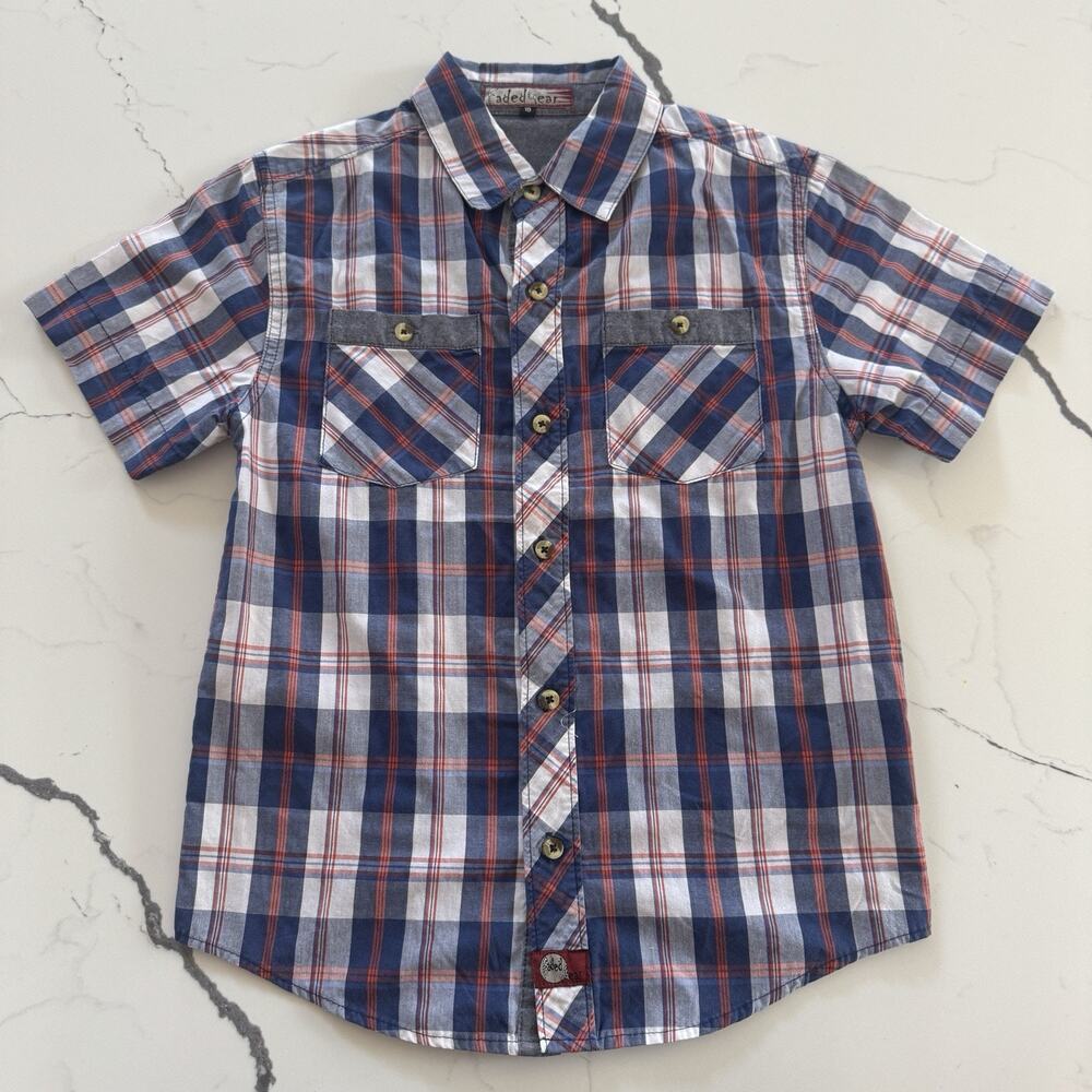 Faded Gear Boys Size 10 Plaid Button Up Shirt Blue Red Short Sleeve Cotton Blend